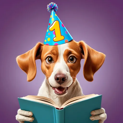 Prompt: Cartoon image of a dog in a birthday hat reading a book