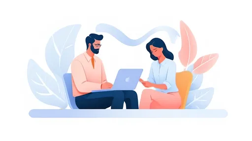 Prompt: create abstract editorial illustration of hip professional man and woman generating AI through laptop, aesthetic, minimalistic, professionals using AI, clean and simple design, abstract, light and airy feel, modern and, editorial look, pastel color palette, on white background

