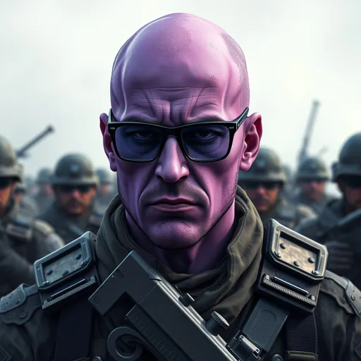 Prompt: bald male soldier with purple skin and black glasses in a war scene