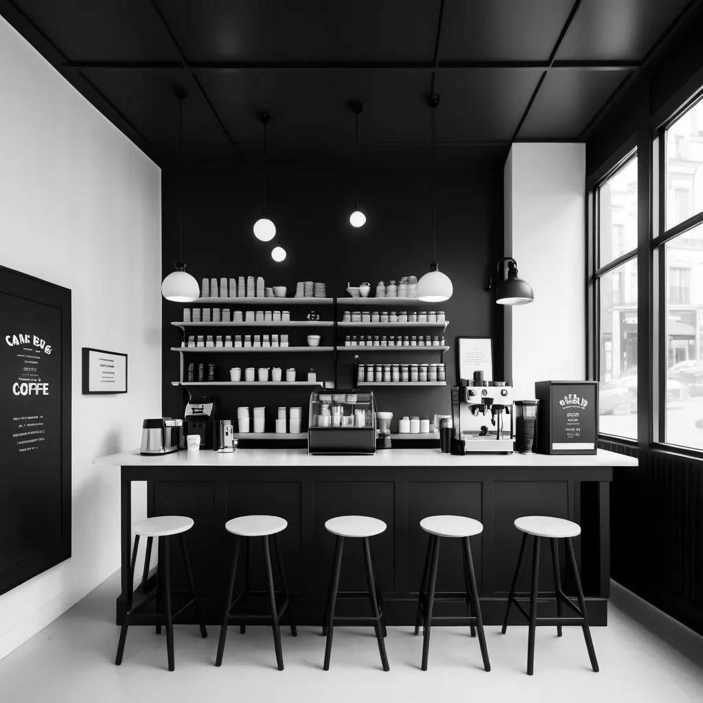 Prompt: Give me a minimal coffee bar design in black and white in the middle of the cafe 
