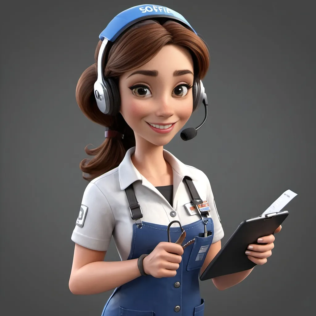 Prompt: An animated, 3D female character Auto Repair Expert dressed in a Mechanics outfit with a clipboard in hand and a phone headset ready to serve you with a smile. She has a nametag on her shirt that says "Sofia"