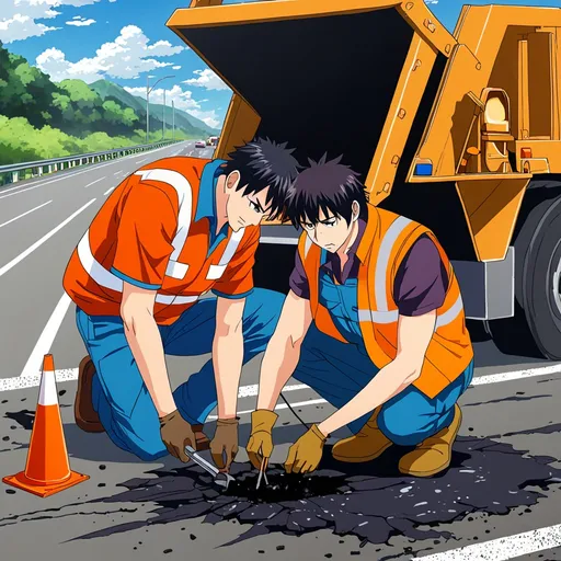 Prompt: Anime ,Man ,big chest,repairing potholes in highway.