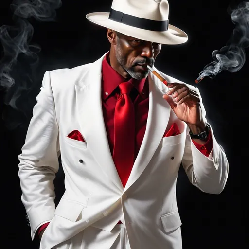 Prompt: middle-aged man, black, in a white suit, red tie, panama hat, smoking a cigarette.