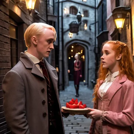Prompt: Draco Malfoy and Hermione Granger(a strawberry blonde) on a date in Diagon Alley, sweet, romantic, extremely realistic