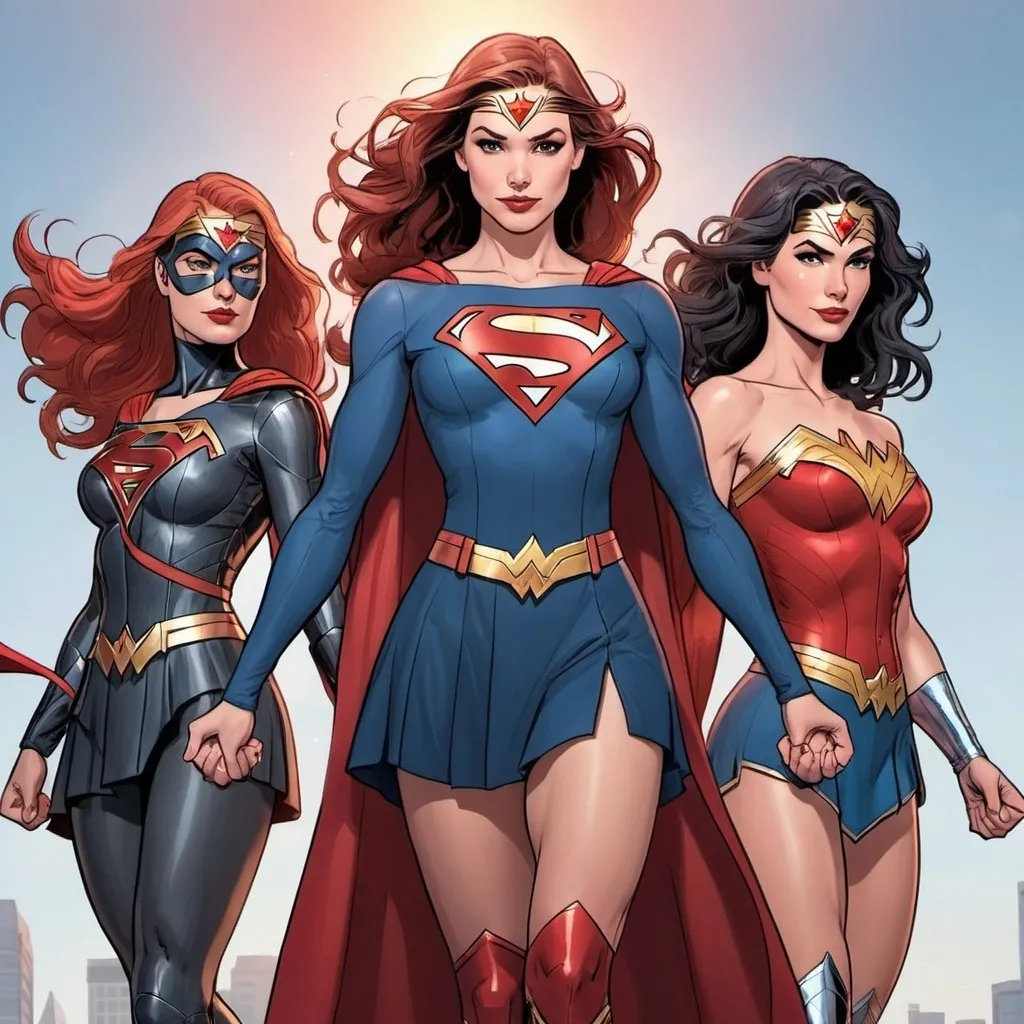 Prompt: cartoon image of three superheroes. supergirl, batwoman and wonder woman. They are holding hands united 