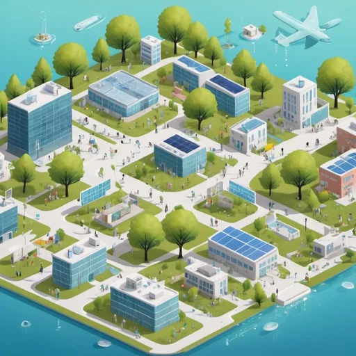 Prompt: social life with hospital, school, water, energie, trees in a virtual connected town