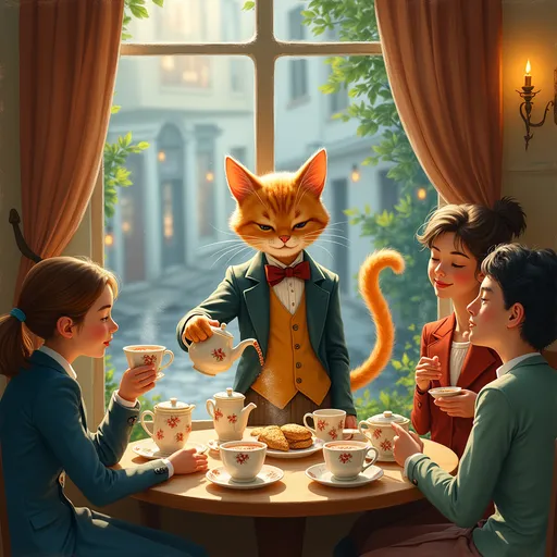 Prompt: Le serveur Chat sert le thé aux clients