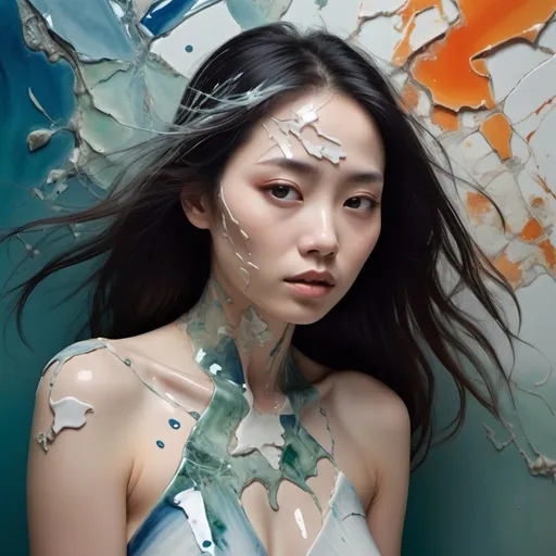 Prompt: A middle-aged woman of Asian descent, her dark hair streaked with silver, appears fractured and splintered, intricately embedded within a sea of broken porcelain. The porcelain glistens with splatter paint patterns in a harmonious blend of glossy and matte blues, greens, oranges, and reds, capturing her dance in a surreal juxtaposition of movement and stillness. Her skin tone, a light hue like the porcelain, adds an almost mystical quality to her form.