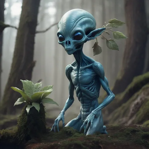 Prompt: an alien with a plant growing out of it's head, fairy cgsociety, naturalistic technique, closeup of an adorable, the last wanderer of earth, no humans, blue skin, alien skulls, puṣkaracūḍa, forest soul, withered, artisan, biped, eerie color, alien hybrids