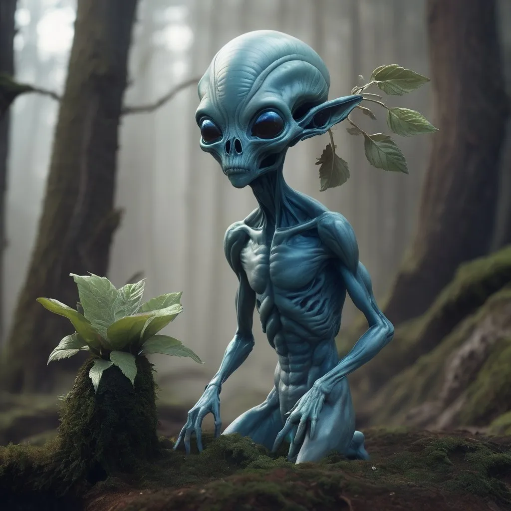 Prompt: an alien with a plant growing out of it's head, fairy cgsociety, naturalistic technique, closeup of an adorable, the last wanderer of earth, no humans, blue skin, alien skulls, puṣkaracūḍa, forest soul, withered, artisan, biped, eerie color, alien hybrids