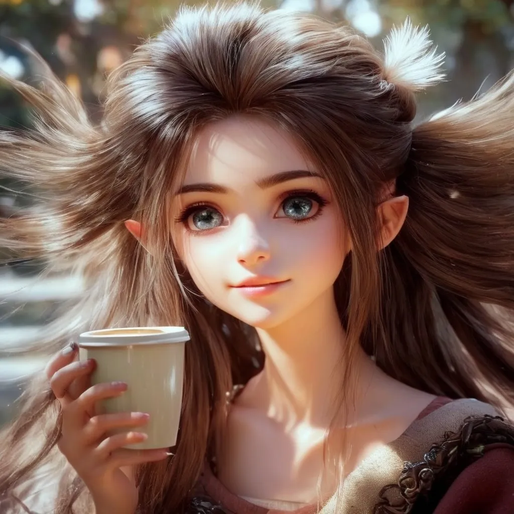 Prompt: a close up of a person holding a cup of coffee, stunning 3d render of a fairy, large eyes and flowing long hair, cartoon painting, cute little troll, beauty filter, little elf tomboy, single realistic face, the artist has used bright, looks like a mix of grimes, inspired by Ismail Gulgee, alita, realistic fur, marc _ simonetti