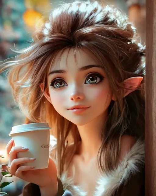 Prompt: a close up of a person holding a cup of coffee, stunning 3d render of a fairy, large eyes and flowing long hair, cartoon painting, cute little troll, beauty filter, little elf tomboy, single realistic face, the artist has used bright, looks like a mix of grimes, inspired by Ismail Gulgee, alita, realistic fur, marc _ simonetti