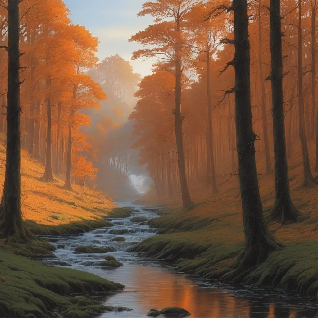 Prompt: a painting of a stream running through a forest, larry elmore : 0. 5, beautiful digital artwork, orange colors, eyvind, oct, by Michael James Smith, aspect ratio 16:9, unique landscape, art for the film in color, destroyed forest, by Karl Buesgen, theatrical scenery, forest plains of north Yorkshire, golden dawn