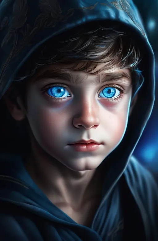 Prompt: a close up of a child with blue eyes, 5 0 0 px models, who is born from the sea, amazement, photo render, eye-candy, boy there is a young child with blue eyes staring at something, beautiful huge eyes, blue shining eyes, beautiful blue glowing eyes, amazing eyes, beautiful light big eyes, mesmerizing blue eyes, glowing blue eyes, big blue eyes, blue piercing eyes, blue glowing eyes, intense blue eyes, luminescent blue eyes, striking azure eyes, big beautiful blue eyes