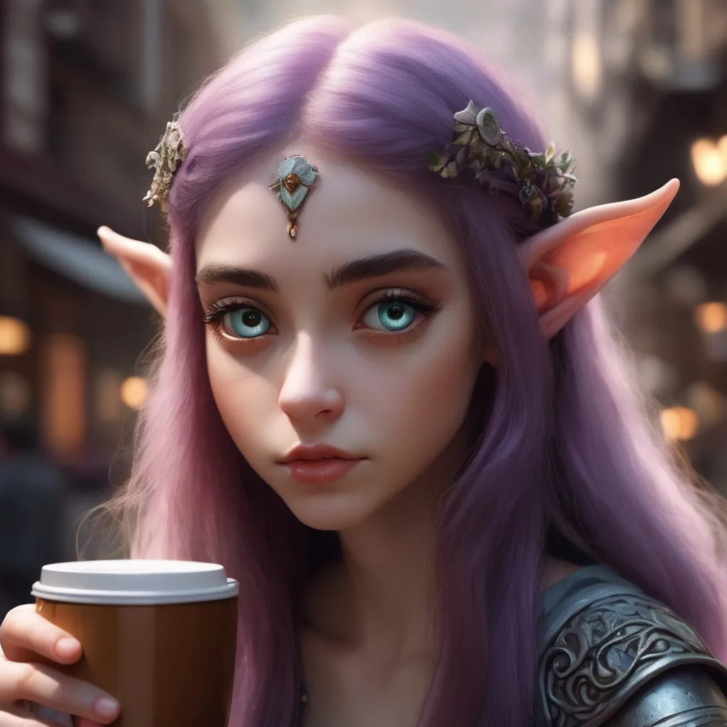 Prompt: a close up of a person holding a cup of coffee, stunning 3d render of a fairy, large eyes and flowing long hair, cartoon painting, cute little troll, beauty filter, little elf tomboy, single realistic face, the artist has used bright, looks like a mix of grimes, inspired by Ismail Gulgee, alita, realistic fur, marc _ simonetti