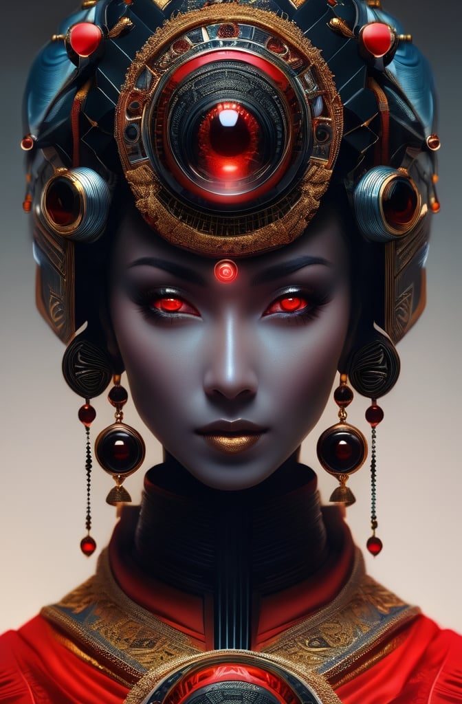 Prompt: Close-up of a Kazakh empress with large red eyes, intricate futuristic jewelry, CGI art, anthropomorphic humanoid, modern occultist, Hindu aesthetic, inspired by Nikola Avramov, Nekro III, sleek design, high-tech, professional, detailed eyes, futuristic, modern, occult, red and gold tones, intense lighting, best quality, futuristic jewelry design, detailed facial features