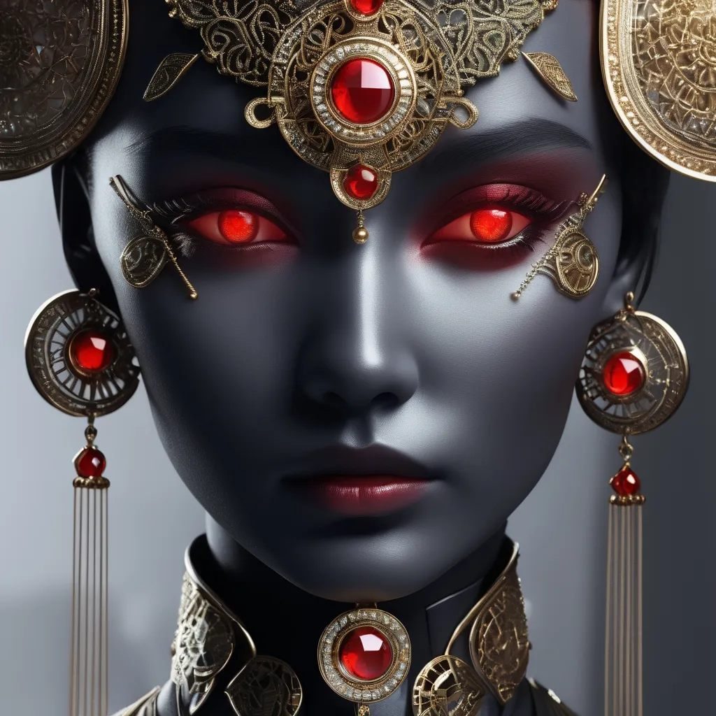 Prompt: Close-up of a Kazakh empress with large red eyes, intricate futuristic jewelry, CGI art, anthropomorphic humanoid, modern occultist, Hindu aesthetic, inspired by Nikola Avramov, Nekro III, sleek design, high-tech, professional, detailed eyes, futuristic, modern, occult, red and gold tones, intense lighting, best quality, futuristic jewelry design, detailed facial features