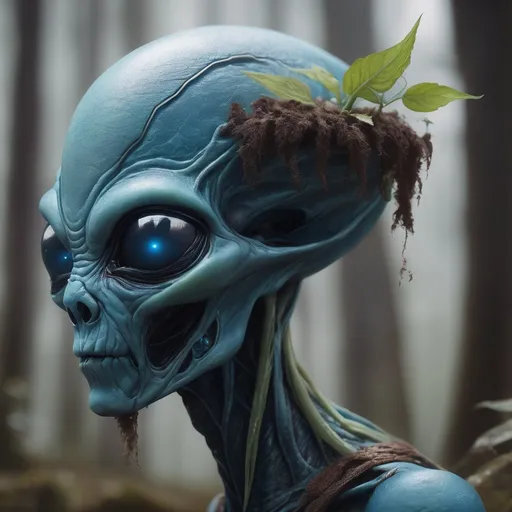 Prompt: an alien with a plant growing out of it's head, fairy cgsociety, naturalistic technique, closeup of an adorable, the last wanderer of earth, no humans, blue skin, alien skulls, puṣkaracūḍa, forest soul, withered, artisan, biped, eerie color, alien hybrids