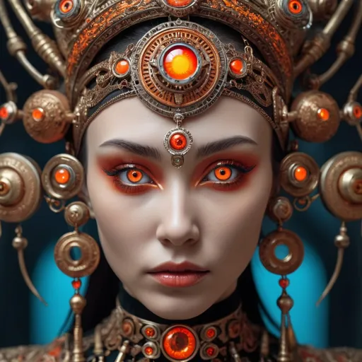 Prompt: a close up of a person with orange eyes, intricate futuristic jewelry, cgi art, kazakh empress, by Ivan Meštrović, anthropomorphic humanoid, modern occultist, inspired by Nikola Avramov, nekro iii, large red eyes, hindu aesthetic, inspired by Kaja Foglio