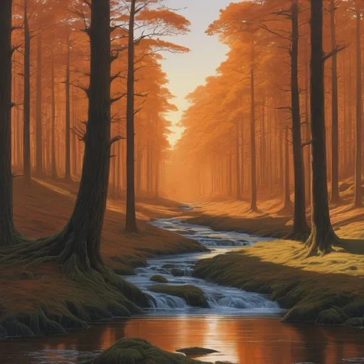 Prompt: a painting of a stream running through a forest, larry elmore : 0. 5, beautiful digital artwork, orange colors, eyvind, oct, by Michael James Smith, aspect ratio 16:9, unique landscape, art for the film in color, destroyed forest, by Karl Buesgen, theatrical scenery, forest plains of north Yorkshire, golden dawn