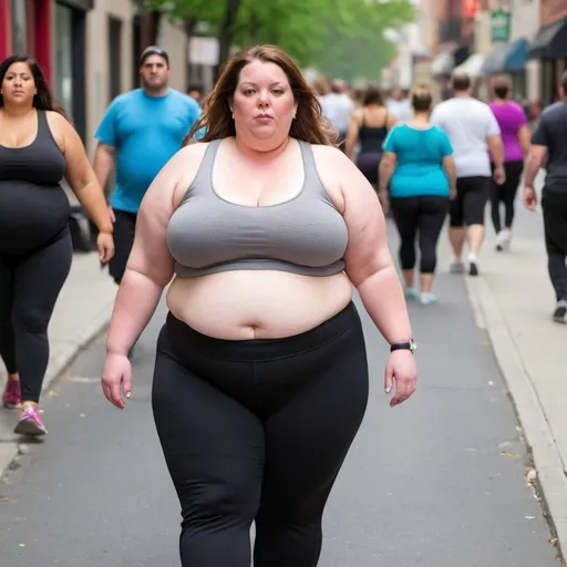 Prompt: Fat 300 pound fat woman in yoga pants walking down the street with belly out 