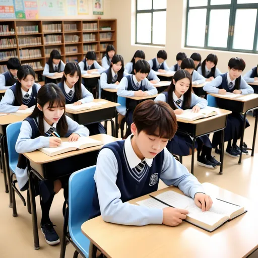 Prompt: The school must have letters written in Korean that say Songnae Jungang Middle School. Students must not have distorted faces. They must be neat, pretty, and handsome. Picture them sitting in chairs, studying happily and happily with books on their desks.