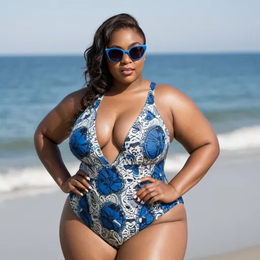 Prompt: An Attractive African American plus size model wearing sunglasses flaunting a racy one piece swimsuit modeling on the beach 