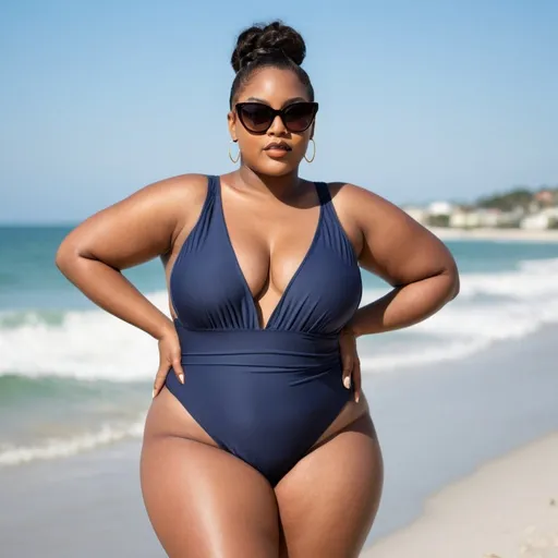 Prompt: An Attractive African American plus size model wearing sunglasses flaunting a racy one piece swimsuit modeling on the beach 