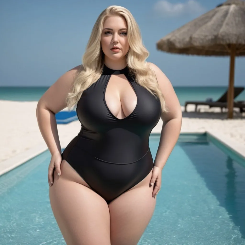 Prompt: A beautiful blonde plus size woman wearing a black swimsuit for a magazine long blonde extensions, photorealistic 8k full body shot Surrealism highly detailed hyperrealistic 