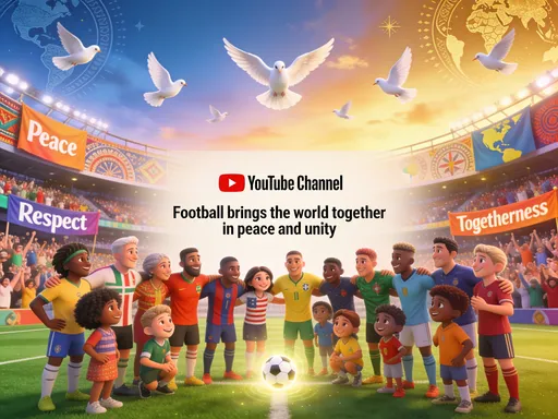 Prompt: Create an animated-style YouTube banner (2560 × 1440 pixels, with important elements centered within the safe area of 1546 × 423 pixels) themed around "Unity and Peace Through Football." The artwork should feature a diverse group of football players and fans from different countries, cultures, ages, and backgrounds standing together on a vibrant football pitch. Everyone should be equally represented in the frame, smiling, celebrating, and interacting warmly. The characters should be illustrated in a high-quality modern animation style similar to cinematic sports animations, with expressive faces, dynamic poses, and rich details.

At the center, a football should symbolize connection and friendship, glowing subtly as a beacon of hope and unity. The background should include a packed stadium filled with supporters waving colorful banners promoting peace, respect, and togetherness. Above the stadium, white doves fly across a sunset sky transitioning into shades of blue and gold. Incorporate subtle artistic elements inspired by different world cultures without focusing on any single nation.

The overall mood should be inspiring, energetic, and heartwarming, emphasizing that football transcends borders, languages, and differences. Use vibrant colors, smooth animated aesthetics, dramatic lighting effects, and a polished cinematic composition. Leave sufficient clean space in the center for the YouTube channel name and slogan. The banner should communicate the message: "Football brings the world together in peace and unity."

Style keywords: animated, cinematic, vibrant, inclusive, Disney-Pixar-inspired sports illustration, detailed character design, global harmony, teamwork, friendship, hope, professional YouTube banner.
