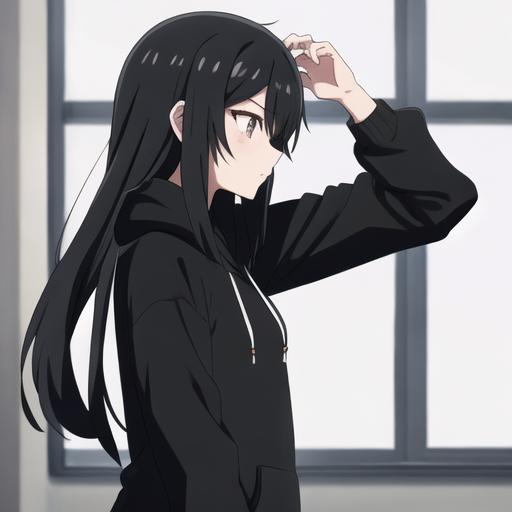 Prompt: Black long hair anime high school cool girl with black hoodie