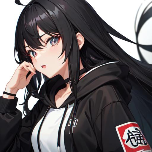 Prompt: Black long hair anime high school cool girl with black hoodie