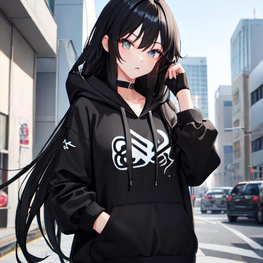 Prompt: Black long hair anime high school cool girl with black hoodie