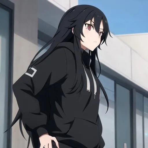 Prompt: Black long hair anime high school cool girl with black hoodie