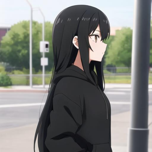 Prompt: Black long hair anime high school cool girl with black hoodie