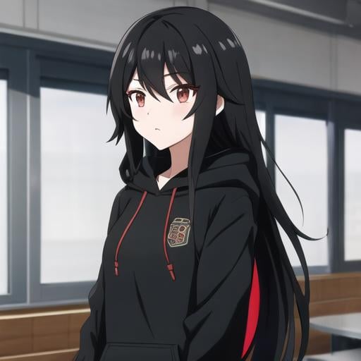 Prompt: Black long hair anime high school cool girl with black hoodie