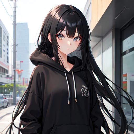 Prompt: Black long hair anime high school cool girl with black hoodie