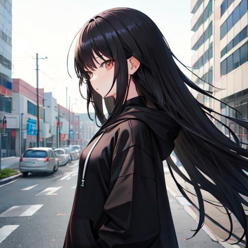 Prompt: Black long hair anime high school cool girl with black hoodie