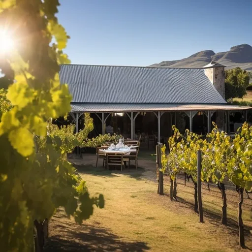 Prompt: Restaurant buildings in Cape Winelands barns with gable metal roofs in Malherbe Rust style set on level ground amongst vineyards GPS location: 33.750873, 18.976550. Include children next to lake. 