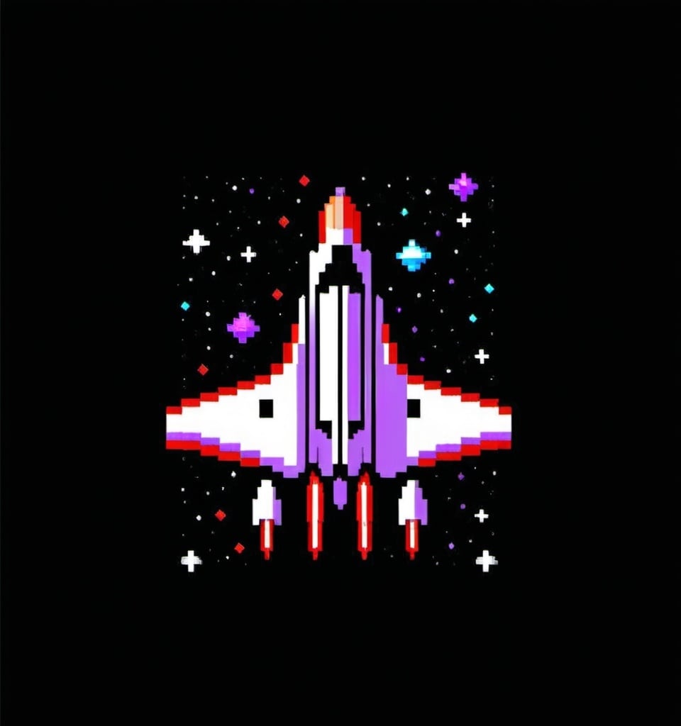 Prompt: crea una imagen en formato png de una nave espacial en pixel art de color morado con blanco que tenga dos cañones a los lados, tiene que ser vista desde arriba como la del videojuego galaga

