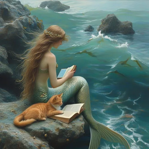 Prompt: A serene mermaid, her long, flowing hair entwined with seaweed, sits gracefully on a rocky outcrop, absorbed in a book, while a small orange cat rests comfortably on her lap. The gentle waves lapping against the rock shimmer in shades of blue and green, creating a tranquil aquatic scene that merges seamlessly with the horizon. Nearby, a curious seahorse peeks above the water’s surface, adding a whimsical touch to the scene, while playful fish dart below. Soft, diffused sunlight filters through the clouds, illuminating the mermaid's delicate features and the rich, muted colors of the underwater world, evoking a sense of calm and enchantment. This composition captures a moment of peaceful solitude and connection with nature, inviting the viewer into a realm where stories and the ocean intertwine.