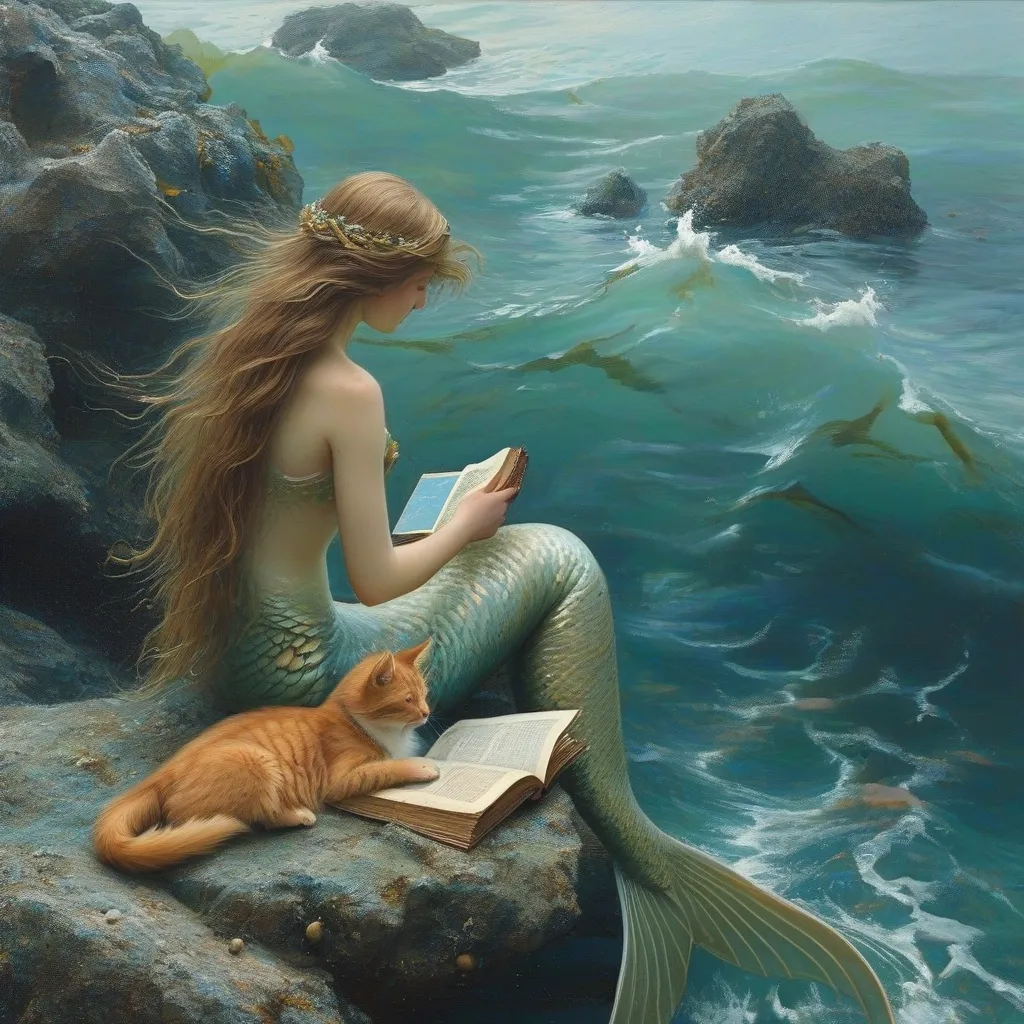 Prompt: A serene mermaid, her long, flowing hair entwined with seaweed, sits gracefully on a rocky outcrop, absorbed in a book, while a small orange cat rests comfortably on her lap. The gentle waves lapping against the rock shimmer in shades of blue and green, creating a tranquil aquatic scene that merges seamlessly with the horizon. Nearby, a curious seahorse peeks above the water’s surface, adding a whimsical touch to the scene, while playful fish dart below. Soft, diffused sunlight filters through the clouds, illuminating the mermaid's delicate features and the rich, muted colors of the underwater world, evoking a sense of calm and enchantment. This composition captures a moment of peaceful solitude and connection with nature, inviting the viewer into a realm where stories and the ocean intertwine.