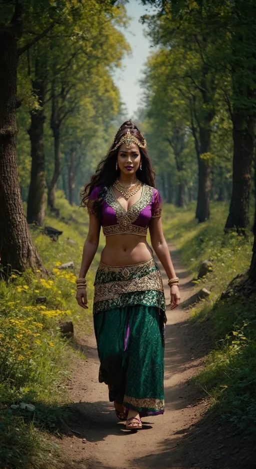 Prompt: a woman in a green and purple outfit walking down a path in the woods with trees in the background, Ella Guru, samikshavad, promotional image, a detailed matte painting