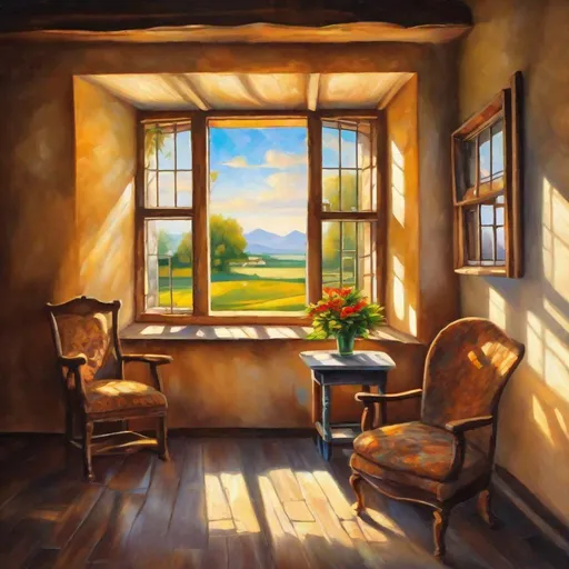 Prompt: Morning sun rays shining through village house window, warm and clear sky, oil painting, high detail, cozy interior, rustic furniture, coffee table, warm colors, clear sky, coloured sunlight streaming through window, the upper portion of which is stained glass, detailed lighting, picturesque, scenic, high quality