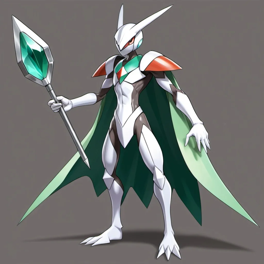 Prompt: A Pokémon that has 2 blades on his arm he has a warrior helmet is skinny same body size as gallade body had chest has a diamond shape stone and his legs have a cape like iron valiant 