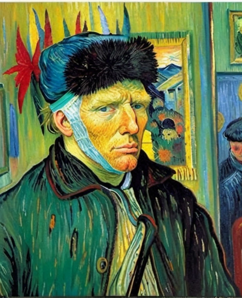 Prompt: Trump with a head and bandage similar to the famous Van Gogh self portret after he cut of his ear