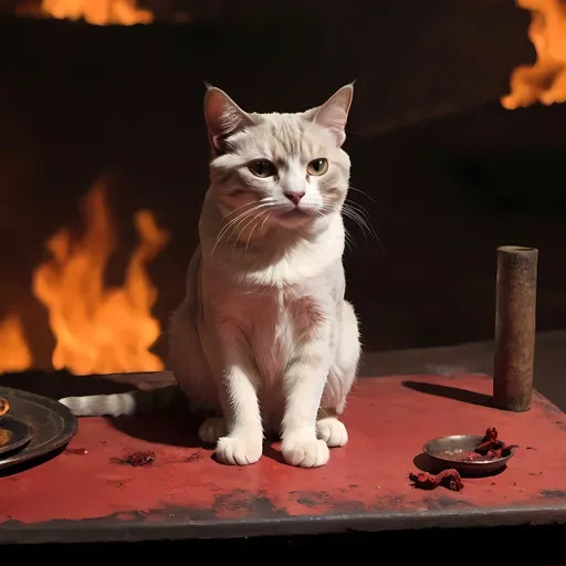 Prompt: Cat sitting on a table in Hell.