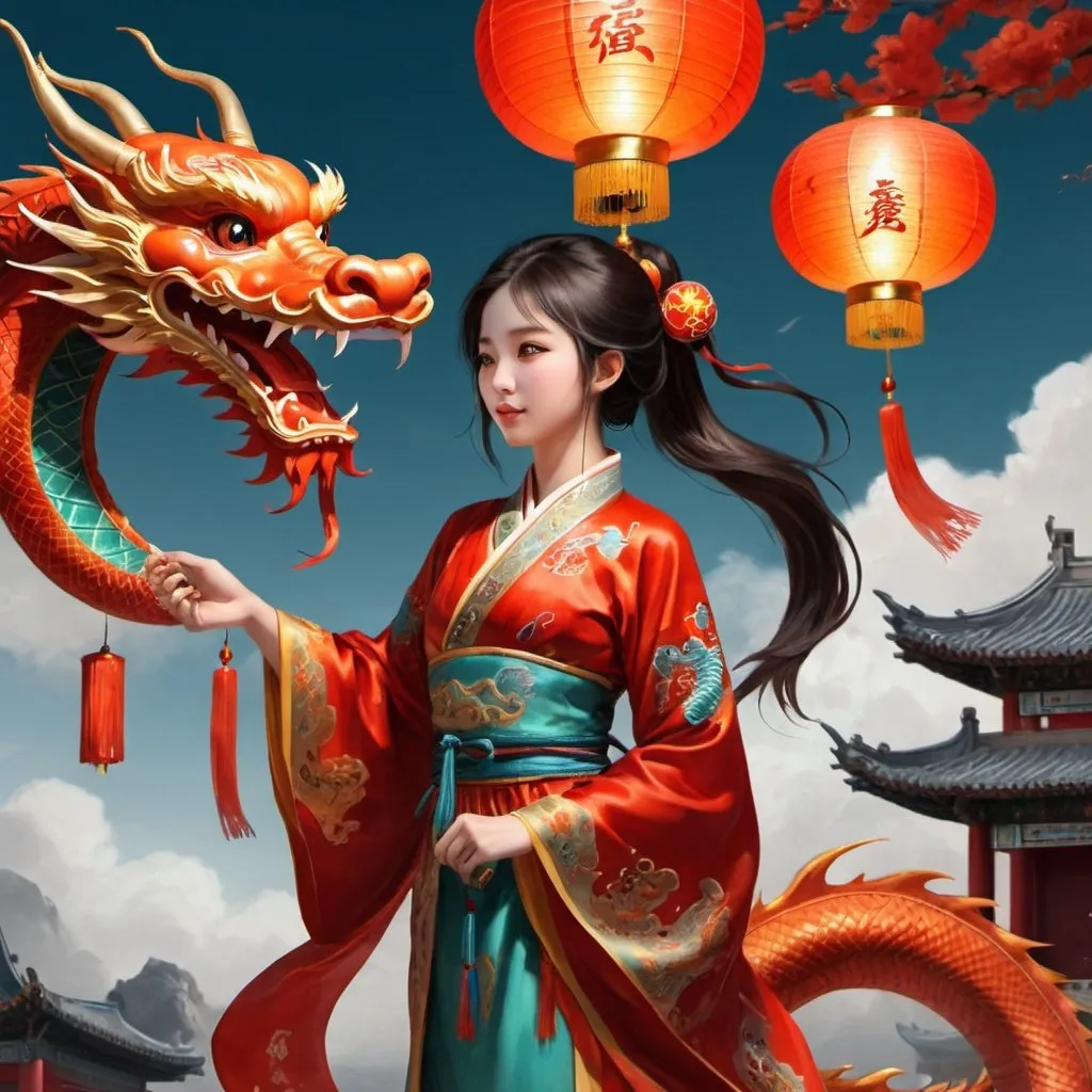 Prompt: 1girl , chinese ancient, chinese, dragon, lantern in sky ,masterpiece,