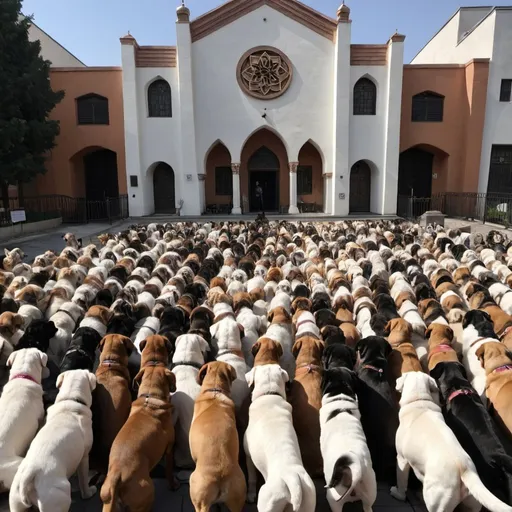 Prompt: show hundreds of dogs front of a synagogue