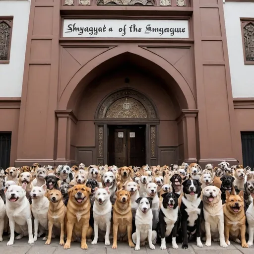 Prompt: show hundreds of dogs front of a synagogue